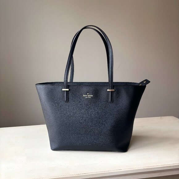 Kate Spade Black Leather Tote Bag | Large Zipper Top Purse with Gold Hardware - Picture 2 of 9